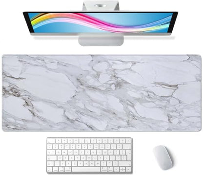 White Grey Marble Print Large Gaming Mouse Pad Keyboard Desk Pad Extended Mouse Pad Gaming Office Decor, PC Laptop Mouse Pads Large (31.5x11.8 in) with Stitched Edges Non-Slip Base Mousepad XL - color: White Grey Marble Print
