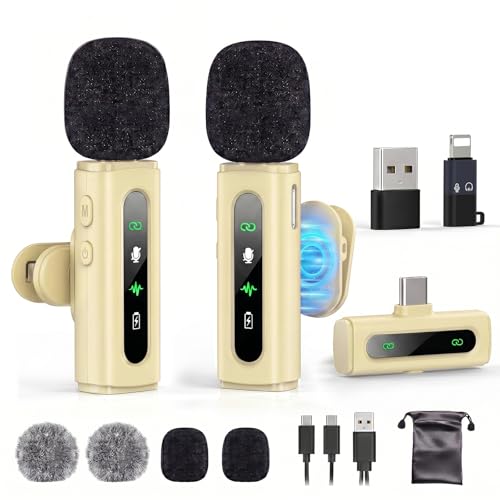 USB C Lavalier Microphone Wireless Mini Mic for Type-C Android Phone/Tablet/PC Video Recording Clip-on Mics with Rotatable Clip&Denoise Recording, Ideal for Vlog Tiktok Youtube Content Creator, Beige - color: Beige, size: Without Charging Case