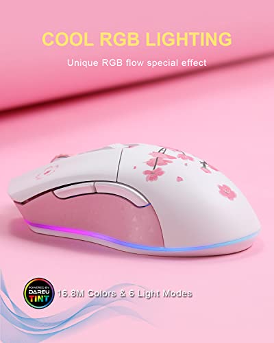 DAREU Sakura Pink Wireless Wired Gaming Mouse, Dual-Mode Rechargeable 6 Programmable Buttons,10K DPI,RGB and 7 Adjustable DPI Levels up to [150IPS] [1000Hz Polling Rate] for PC Notebook Mac - color: Sakura Pink