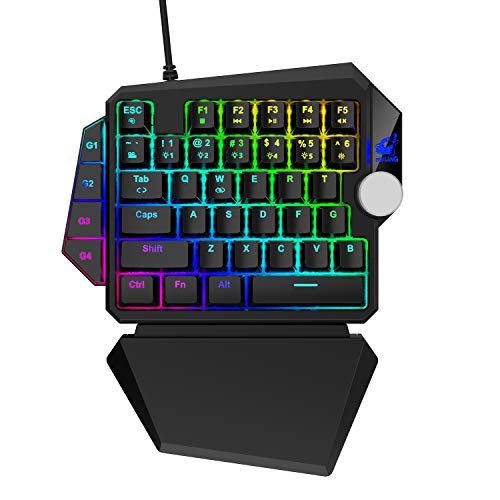 One-Handed RGB Mechanical Gaming Keyboard,Upgrade Multimedia Knob USB Wired Professional Gaming Keypad with Macro Function, Detachable Wrist Rest For PC/Xbox/PS4 (Black/Blue Switch)