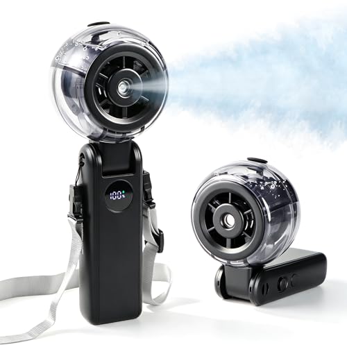 Portable Misting Fan, Rechargeable Handheld Spray Fan | 100-Speed Adjustable Cooling Fan with Water Mist Spray, Foldable Design, Lanyard Included for Outdoor Camping & Travel - color: Black