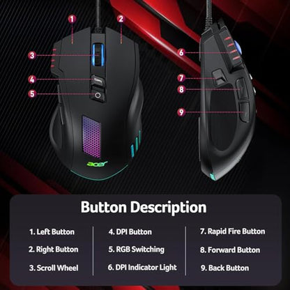 Acer Wired Gaming Mouse, 12,800 DPI RGB Ergonomic Computer Mouse for PC | Optical Sensor, 12 Backlit Modes, 8 Programmable Buttons, Software for DIY Keybinds, Rapid Fire, USB Mouse for Laptop
