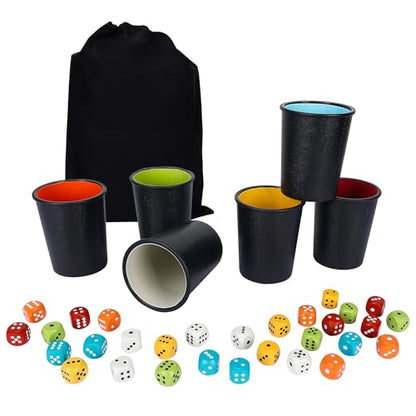 Offelec 6 Pack PU Leather Dice Cups Set with 30 Color Matched Dice, Felt Lined Quiet Shakers for Dice Games Like Bluffing Games, Perfect for Poker Nights & Bar Party Game