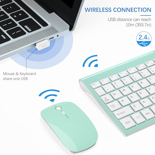 Wireless Keyboard and Mouse Ultra Slim Combo, TopMate 2.4G Silent Compact USB 2400DPI Mouse and Scissor Switch Keyboard Set with Cover, Batteries Included, for PC/Laptop/Windows/Mac - Mint Green - color: Mint Green