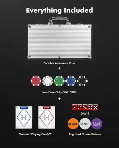 HEITOK Poker Chip Set - Classic 300PCS Poker Set with Aluminum Case, 11.5 Gram Casino Chips for Texas Holdem Blackjack Gambling | 2-8 players, custom stakes, 2 decks, 5 dice, dealer and small/big blind buttons, Blackjack, card game nights - size: 300 blan