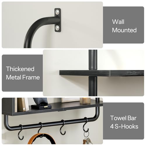 HOOBRO Floating Shelves with LED Lights, 29.5" LED Wall Mounted Gaming Shelf, 3-Tier Pipe Display Rack with Hanging Rod and 4 S-Hooks, for Storage Livingroom, Bedroom, Kitchen, Black BB21DBJ01 - color: Black
