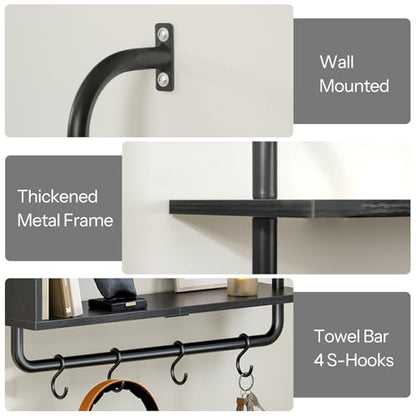 HOOBRO Floating Shelves with LED Lights, 29.5" LED Wall Mounted Gaming Shelf, 3-Tier Pipe Display Rack with Hanging Rod and 4 S-Hooks, for Storage Livingroom, Bedroom, Kitchen, Black BB21DBJ01 - color: Black