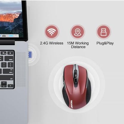 TECKNET Wireless Mouse Rechargeable, 2.4G Computer Mice with USB-A Receiver | 2.4G Connection, 800mAh Battery, 3X Faster Charging, Silent Click, 6-Level 4800 DPI, Ergonomic Design for All-day Comfort - color: Red