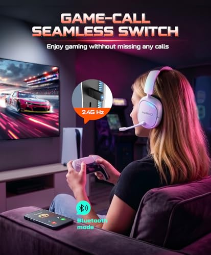 NUBWO 2.4GHz Wireless Gaming Headset for PS5, PS4, PC, Laptop, Mac, 7.1 Surround Sound, Noise Canceling Mic, 20ms Low-Latency, 80Hr Battery, Lightweight & Foldable Bluetooth Gaming Headphones-White - color: White/Black