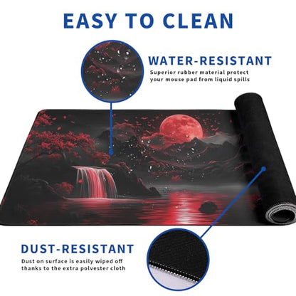 Darkness Red Moon Mouse Pad Abstract Red Mouse Pad 31.5x11.8 Inch Non-Slip Rubber Base Large Mousepad Stitched Edges Keyboard Mouse Mat Desk Pad for Office and Home(2) - color: Darkness Red Moon 2