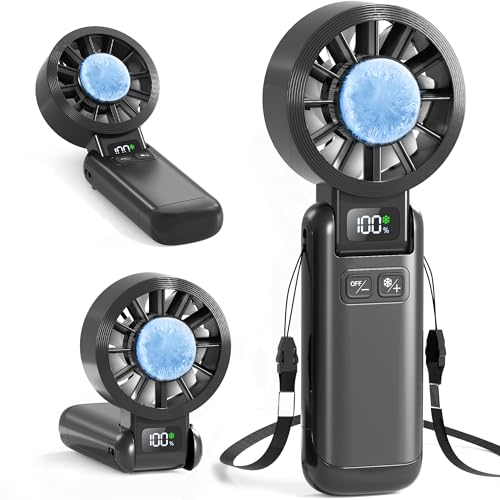 Pro Portable Handheld Fan with Ice Cooling, 5.5m/s High Speed Rechargeable Fan, Independent Switch, 135° Adjustable, 5-Speed, LED Display, Neck Personal for Travel Essentials, Concerts, Sports Events - color: Dark Black