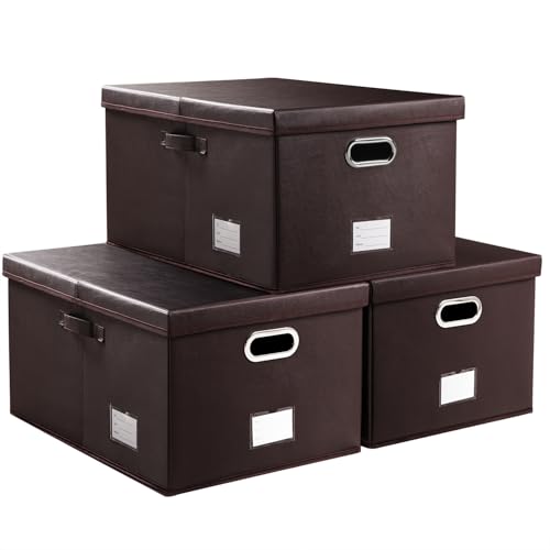 PRANDOM Collapsible Storage Box with Lid [3-Pack] Leather Fabric Foldable Storage Bin Organizer Container Basket Cube with Cover for Home Bedroom Closet Office Nursery Brown(22.8X15.7X11.8) - color: Brown, size: X-Large(3-Pack)