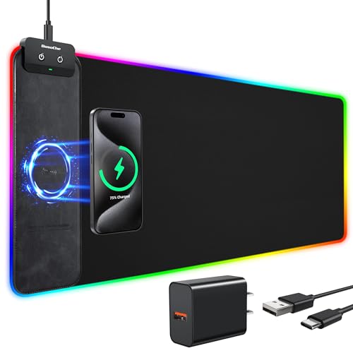 Wireless Charging RGB Gaming Mouse Pad 10W, 31.5"x11.8" Large Desk Mat, 9 Light Modes, Non-Slip Rubber Base, Waterproof Computer Keyboard Mat for Gaming