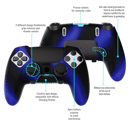 PlayVital 3D Studded Edition Anti-Slip Silicone Cover Case for ps5 Edge Controller, Soft Rubber Protector Skin for ps5 Edge Wireless Controller with 6 Thumb Grip Caps - Blue & Black - color: Blue & Black