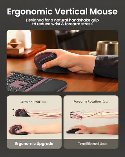 ProtoArc EM11 NL Wireless Ergonomic Vertical Mouse, Rechargeable, Wine Red | 58° vertical design supports a natural wrist posture, connect 3 devices via Bluetooth/2.4G USB-A, 500mAh USB-C rechargeable. - color: Wine Red