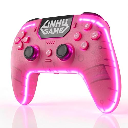 linhugame Wireless Controller for P5/Pro/Slim/PC, with Transparent Shell/RGB Tape Light/Hall Effect Joyticks and Trigger/Macro/Turbo/3.5mm Audio Jack/Speaker and Mic/1500 mAh Large Battery Gamepad (Pink)