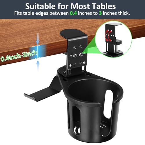 MYITYARD Desk Cup Holder Clamp, 2 in 1 Anti-Spill Clip On Table Cup Holder with Headphone Hanger, Rotatable Water Bottle Stand Drink Coffee Mug Storage, Office Accessories for Home and School - color: Black-1 with Headphone Hanger