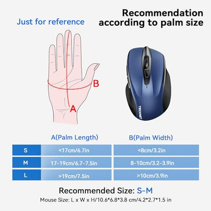 TECKNET Wireless Mouse, BT 5.0/2.4G, Silent 4800 DPI 6 Buttons, Blue | Bluetooth 5.0/3.0 & USB A, 2-Device Easy Switch, Wide OS Compatible, 6-DPI, Ergonomic for S/M Hands, Extended Battery - color: Blue