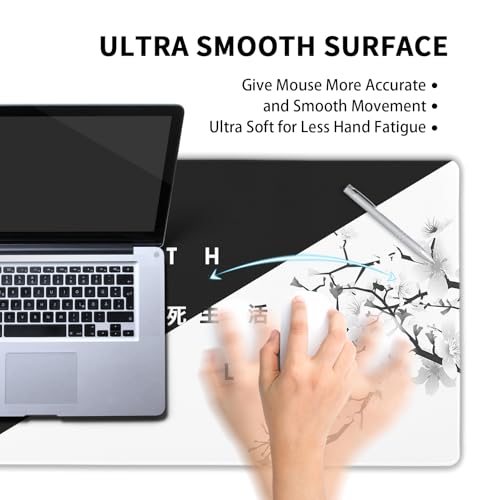 Black White Cherry Blossom Mouse Pad Large Japanese Sakura Death Life Desk Mat 60x35 cm Non-Slip Rubber Base Stitched Edge Large XL Playmat for Gaming Laptop Computer PC Desktop,24x14 Inch - color: Black White, size: 14" x 24"