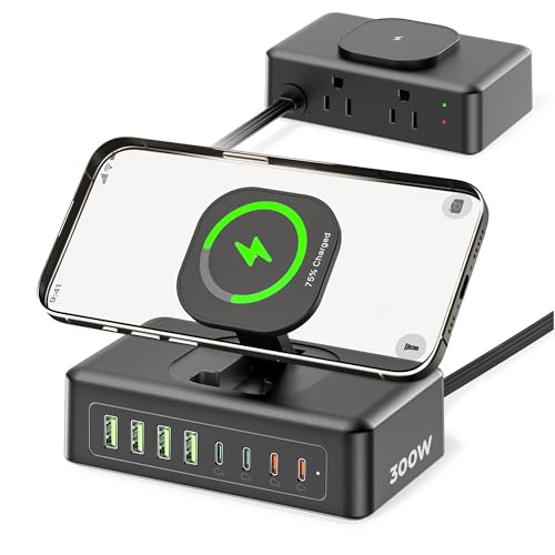 300W USB Charging Station, 11-in-1 USB C Power Strip Surge Protector, 2AC Outlets & 8USB Ports, 5ft Flat Plug Extension Cord with Multiple Devices, Desktop Charger for Home Office Desk Accessories - color: Black&Green