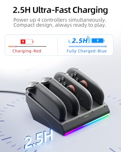 Magnetic Charging Dock for Nintend0 Switch 2 Joycon, Fast Charger Station | 4-in-1 Magnetic Charging: Simultaneously charge 4 Switch 2 Joycons with magnetic snap-on design for easy placement