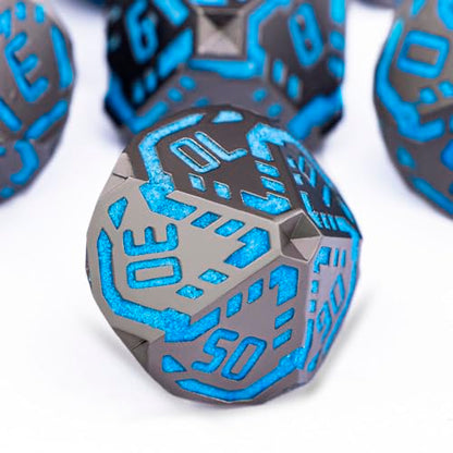 Metal DND Sci-fi Dice Set 7PCS Luminous Orange Stripe Polyhedral Dice for Dungeons Dragons RPG Role Playing Game, Glitter D and D Dice with Gift Box D6 D8 D10 D12 D20 - color: Nightlight - Blue