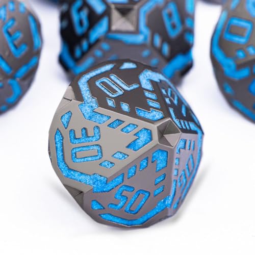 Metal DND Sci-fi Dice Set 7PCS Luminous Orange Stripe Polyhedral Dice for Dungeons Dragons RPG Role Playing Game, Glitter D and D Dice with Gift Box D6 D8 D10 D12 D20 - color: Nightlight - Blue