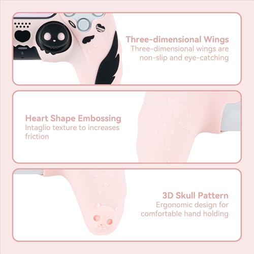 GeekShare Controller Skin Set Compatible with PS5, Anti-Slip Silicone Protective Cover with 2 Thumb Grip Caps and 1 Sticker - Sweetheart Skull Design (Pink) - color: Sweetheart Skull
