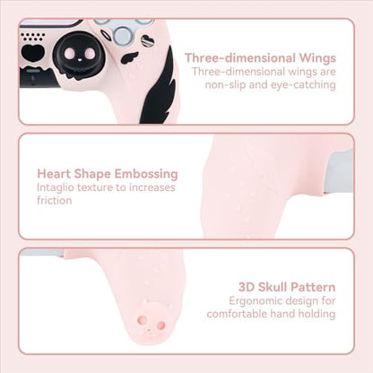 GeekShare Controller Skin Set Compatible with PS5, Anti-Slip Silicone Protective Cover with 2 Thumb Grip Caps and 1 Sticker - Sweetheart Skull Design (Pink) - color: Sweetheart Skull