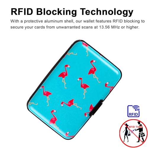 Credit Card Holder Small RFID Blocking Wallet Business Metal Slim Mini Aluminum Hard Case for Women Men - color: Flamingo Blue Background