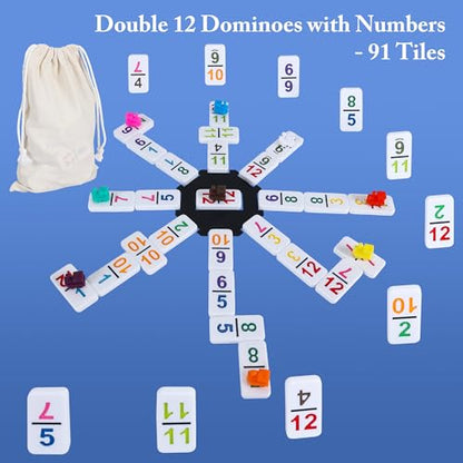 Mexican Train Dominoes Set Double 12 with Numbers, Dominoes Set for Adults and Family, Mexican Train Double 12 Numbers Dominos Set - 91 Tiles, 9 Trains, 8PCS Wooden Holders, Hub, Instruction - color: D12 Numbers 8 Holders