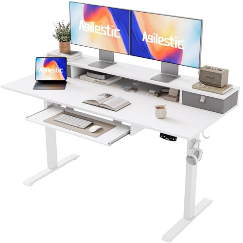 Agilestic Electric Standing Desk with 2 Drawers and Keyboard Tray, 55 x 24 Inches Ergonomic Adjustable Height Desk with Storage, Sit Stand up Desk Computer Workstation, White - color: White, size: 55 x 24 Inches with 2 drawers and keyboard tray
