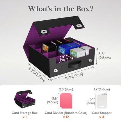 Lifewit Trading Card Storage Box with Handle, Holds Up to 1800 Sleeved Cards with 12 Adujstable Dividers & 4 Stoppers, Aluminum Closure PU Leather Case for MTG, PTCG, YGO, Sports Cards, Black& Purple - color: Black&Purple