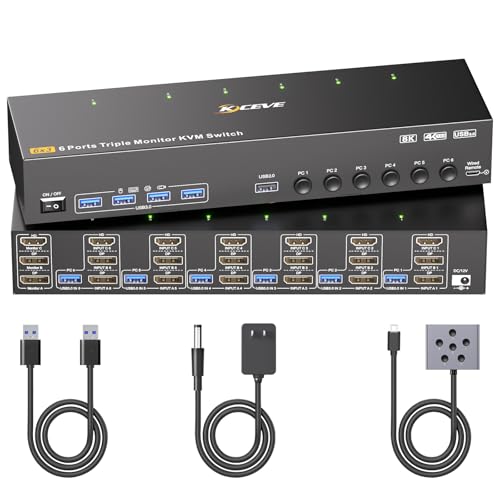 4K@60Hz KVM Switch 3 Monitors 6 Computers, Reyoten Triple Monitor HDMI KVM | Metal, for 6 Computers Sharing 3 Monitors Keyboard Mouse Printer, with 1 HDMI+2 DP Each Computer, Power Adapter+Controller - size: 16.5