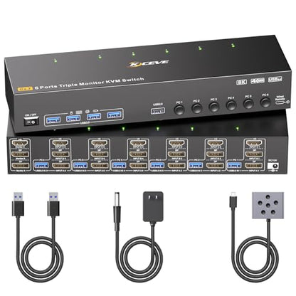 4K@60Hz KVM Switch 3 Monitors 6 Computers, Reyoten Triple Monitor HDMI KVM | Metal, for 6 Computers Sharing 3 Monitors Keyboard Mouse Printer, with 1 HDMI+2 DP Each Computer, Power Adapter+Controller - size: 16.5