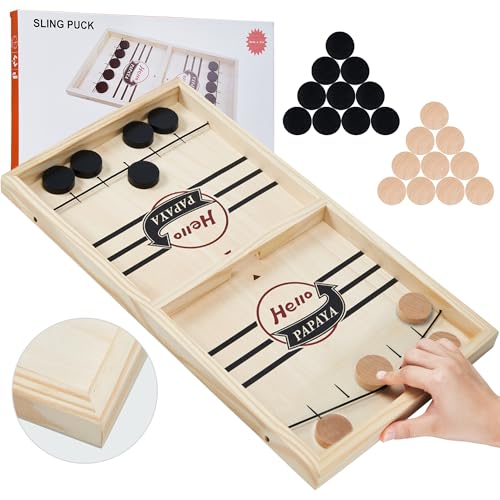 HELLO PAPAYA Fast Sling Puck Game - Test Your Speed and Accuracy with This Fast-Paced Wooden Air Hockey Desktop Battle Board Game - Guaranteed Fun Gifts for Family Night or Friends Party - size: Extra-Large