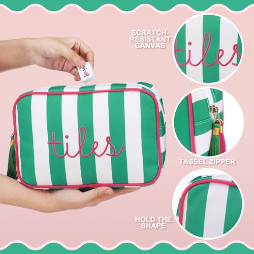 Sanwuta 1 Pcs Mahjong Tile Bag with Zipper,Green,Striped | Embroidered Mahjong Case for 166 American Mahjong Tiles (1.2") Portable Bags for Board Game Party Gathering Travel - color: Green, style: Classic