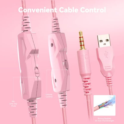 IMYB A36 Pink Gaming Headset with Mic Stereo Headphones for Pc, PS5, Xbox | RGB Wired Over-Ear Noise Cancelling for Xbox Series X/S, PS4, Nintendo Switch, Computer, Laptop, Mac - color: Pink