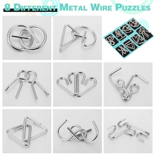 Metal Wire Puzzle Set of 8 with Pouch, Brain Teaser Puzzles IQ Test Ring Disentanglement Unlock Interlock Game Trick Metal for Party Favor Challenge(B Style) - style: B Style