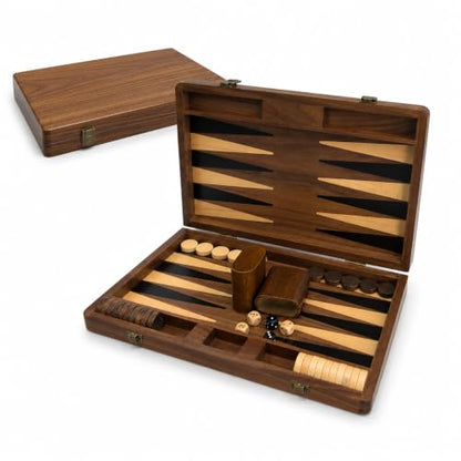 Black Walnut Backgammon Set for Adults, 14.4 x 18Inch Wooden Foldable Board Game with 30 Checkers, Dice, Doubling Cube and 2 Matching Dice Cups, Classic Travel Game Set