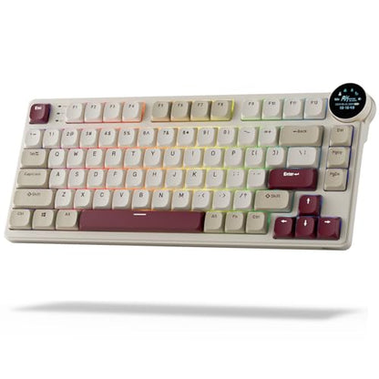 RK ROYAL KLUDGE N80 Low Profile Mechanical Keyboard w/Smart Display Screen & Knob, 75% Top Mount 3-Modes Wireless Mechanical Keyboard, Software Support, Massive Battery, 80 Keys, Quiet Red Switch - color: Dune Red, size: Low profile Red Switch