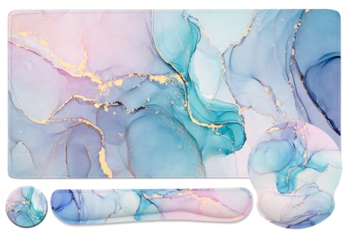 4-in-1 Gaming Mouse Pad Wrist Support Set，Desk Pad + Mouse Pad with Wrist Rest + Keyboard Wrist Rest + Coaster, Ergonomic Design for Home Office Study Game - Blue Marble - color: 4 Pcs Blue Marble