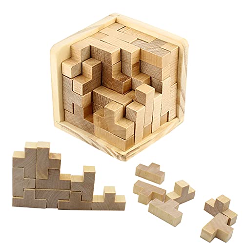 AHYUAN Wooden Brain Teaser Puzzles Cube Stocking Stuffers Wooden Puzzles T-Shaped Jigsaw Logic Puzzle Educational Games Toy for Kids and Adults (Natural) - color: Natural