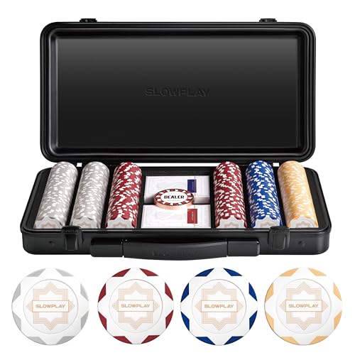 SLOWPLAY Nash Clay Poker Set, 14g&40mm Poker Chips for Texas Hold'em | White Gold Edition; 300 pcs Non-Numbered Set; premium case with PC Shell; clay composite poker chips; Art Deco style - color: White Gold, size: 300PCS Non-Numbered Set