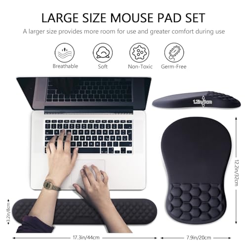 Ergonomic Mouse Pad Wrist Support, 2 in 1 Keyboard Wrist Rest Set | Memory Foam, 15° Ergonomic Slope, Massage Bead Design, Non-Slip PU Base, Lycra Fabric, for Office & Gaming,Black - color: Black