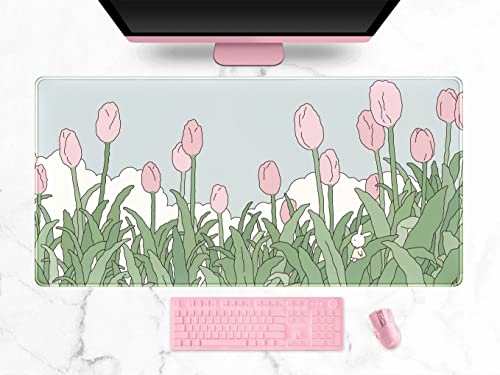 WatercolorTulip Flower Mouse Pads,Extended Gaming Mousepad XXL Kawaii Anime Desk Mat Pink Green Large Full Desk Mouse Pad for Wireless Mouse Keyboard Mat with Stitched Edges 31.5" x15.75 - color: A Pink Tulip