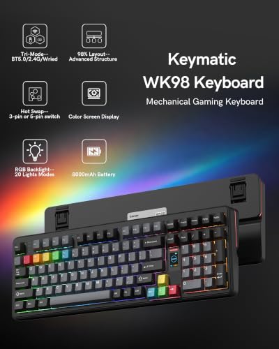 Keymatic Mechanical Keyboard Wireless,98% Pink Creamy Keyboard Gaming Keyboard,3 Mode with Multimedia Screen,RGB Backlit,Black - color: Black