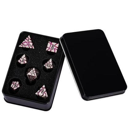 Cracked Rune Metal Dice Set for DND & RPG – Dark Fantasy Fractured Design, Premium Heavy Metal Polyhedral Dice with Deep Engraved Numbers, 7-Piece Set – Red Infernal Vein - color: Antique Silver Rose Red