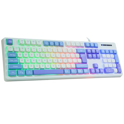 HUO JI Wired Gaming Keyboard with Rainbow LED Backlit, Floating Keys, Mechanical Feeling, Spill Resistant, Ergonomic Full Size for Xbox, PS Series, Desktop, Computer, PC (White Blue) - color: White Blue