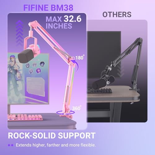 FIFINE AmpliGame BM38P Metal RGB Microphone Boom Arm for Gaming Streaming | Adjustable Suspension Scissor Mic Stand, Desk Mount Clamp, 3/8” to 5/8” Screw Adapter - color: Pink